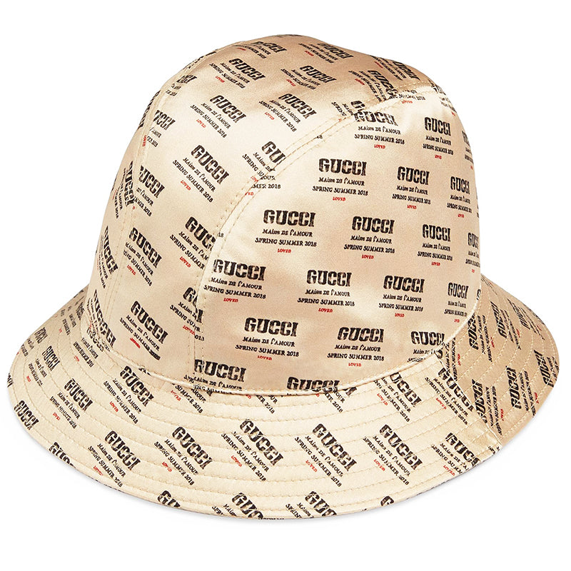 NEW $690 GUCCI Woman's Tan Silk Satin All Over Gucci Print Logo Fedora Spring Hat