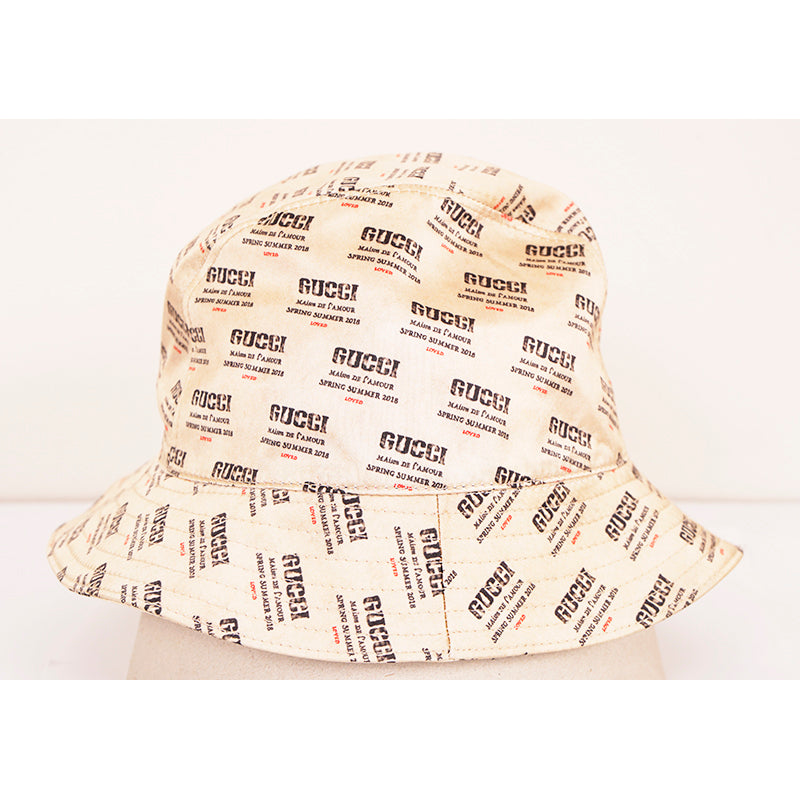 NEW $690 GUCCI Woman's Tan Silk Satin All Over Gucci Print Logo Fedora Spring Hat