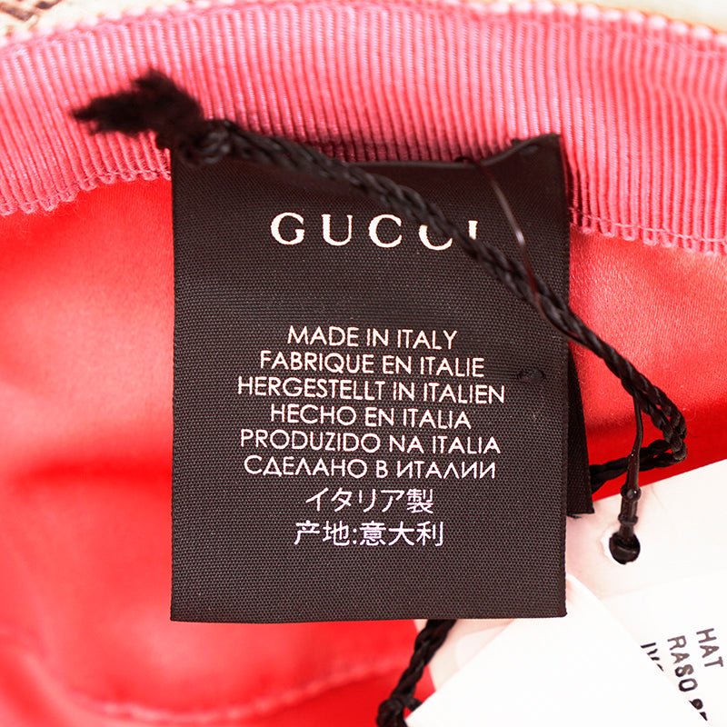 NEW $690 GUCCI Woman's Tan Silk Satin All Over Gucci Print Logo Fedora Spring Hat