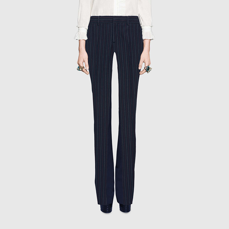 36 NEW $890 GUCCI Navy RED PINSTRIPE Wool Cotton Fall SKINNY FLARE TROUSER PANTS