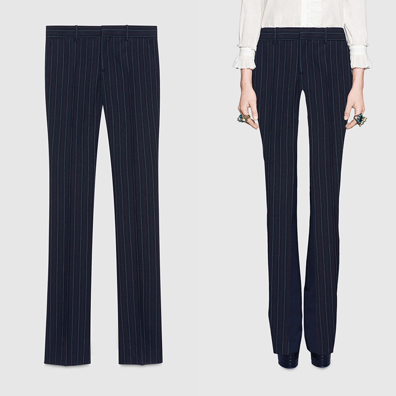 36 NEW $890 GUCCI Navy RED PINSTRIPE Wool Cotton Fall SKINNY FLARE TROUSER PANTS