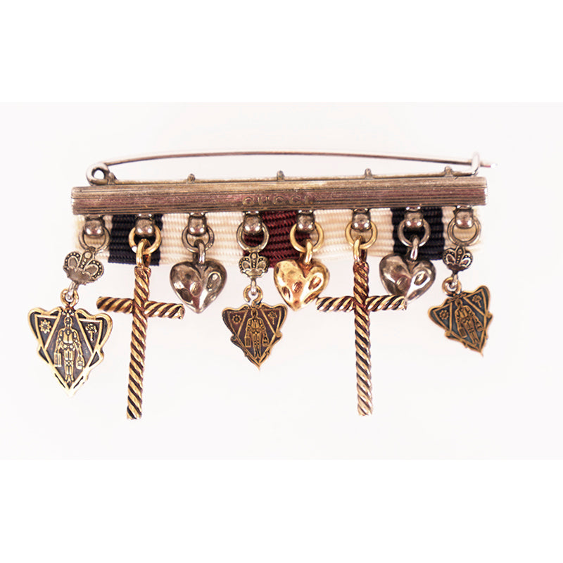 NEW $595 GUCCI Aged Sterling Silver HYSTORIA KNIGHT CREST Heart Charm BROOCH PIN