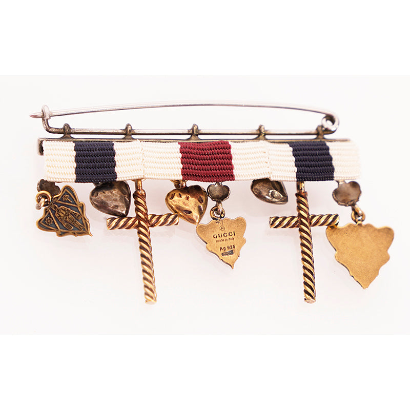 NEW $595 GUCCI Aged Sterling Silver HYSTORIA KNIGHT CREST Heart Charm BROOCH PIN