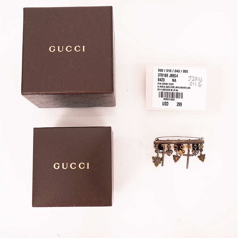 NEW $595 GUCCI Aged Sterling Silver HYSTORIA KNIGHT CREST Heart Charm BROOCH PIN