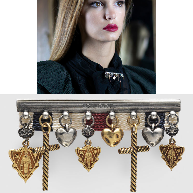 NEW $595 GUCCI Aged Sterling Silver HYSTORIA KNIGHT CREST Heart Charm BROOCH PIN