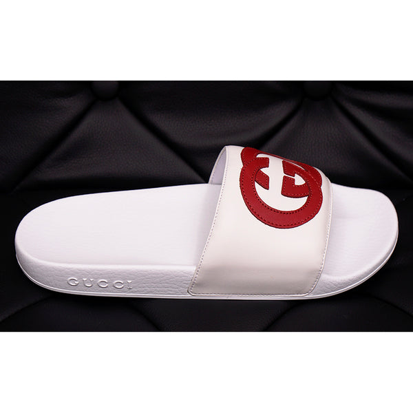 37  NEW $450 GUCCI Woman's White Leather RED GG LOGO Pursuit SLIDE SANDALS NIB