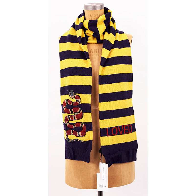 NEW $810 GUCCI Men's Unisex Yellow and Navy Striped Wool Long Scarf With Snake Logo