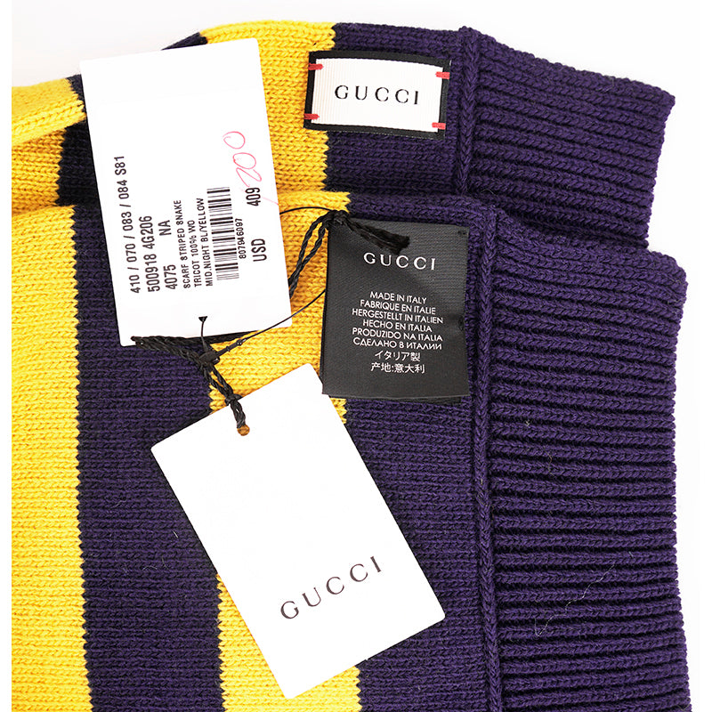 NEW $810 GUCCI Men's Unisex Yellow and Navy Striped Wool Long Scarf With Snake Logo