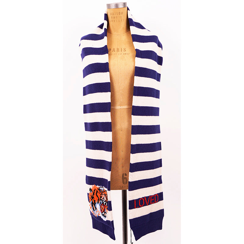 NEW $810 GUCCI Men's Unisex White and Navy Striped Wool Long Scarf With Tiger Logo