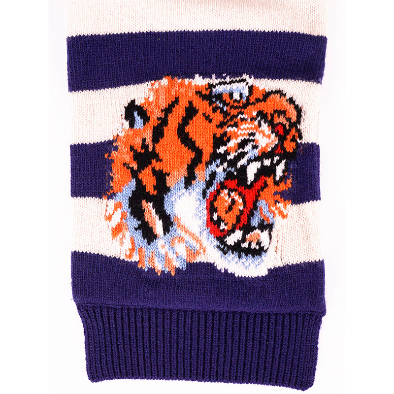 NEW $810 GUCCI Men's Unisex White and Navy Striped Wool Long Scarf With Tiger Logo