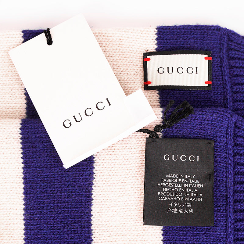 NEW $810 GUCCI Men's Unisex White and Navy Striped Wool Long Scarf With Tiger Logo