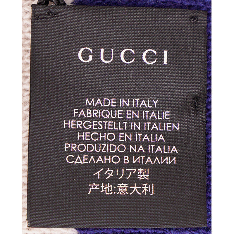 NEW $810 GUCCI Men's Unisex White and Navy Striped Wool Long Scarf With Tiger Logo