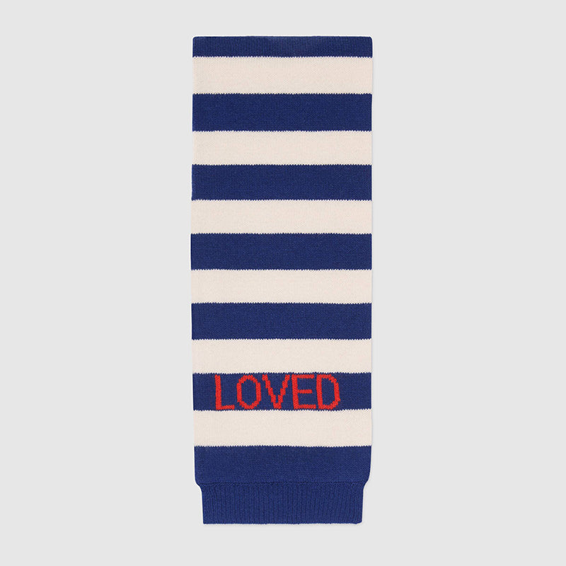 NEW $810 GUCCI Men's Unisex White and Navy Striped Wool Long Scarf With Tiger Logo