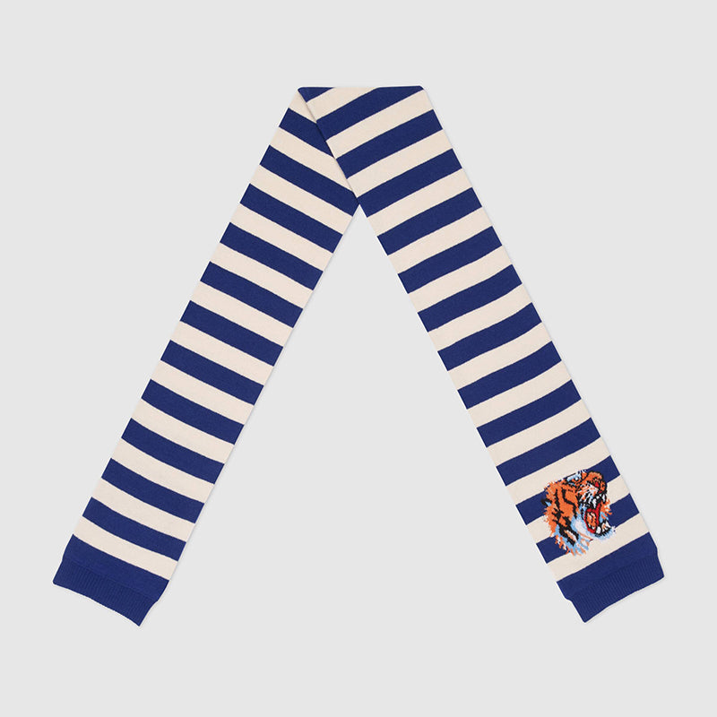 NEW $810 GUCCI Men's Unisex White and Navy Striped Wool Long Scarf With Tiger Logo
