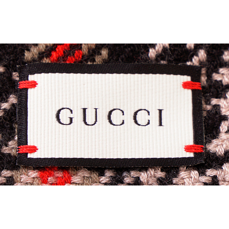 NEW $690 GUCCI Unisex Fringed Houndstooth Wool, Silk, Cashmere Logo Patch Scarf
