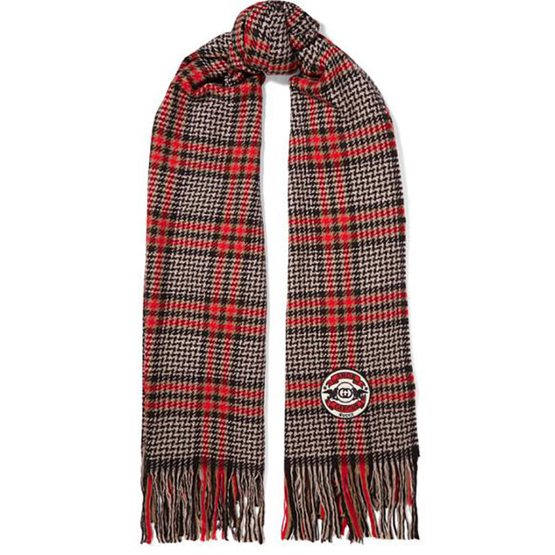 NEW $690 GUCCI Unisex Fringed Houndstooth Wool, Silk, Cashmere Logo Patch Scarf