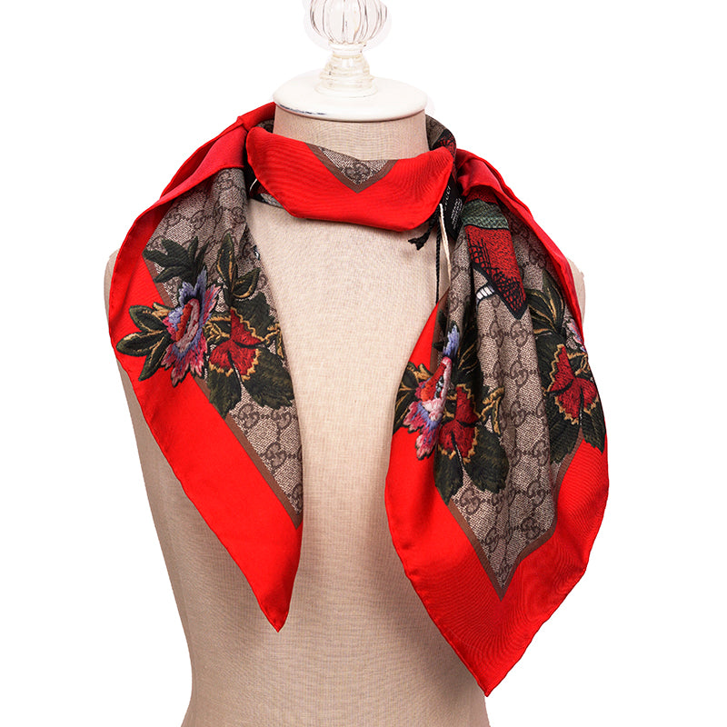 NEW $595 GUCCI Tan GG GARDEN KINGSNAKE HEART Silk Twill 90cm SCARF w/ Snake BOX!