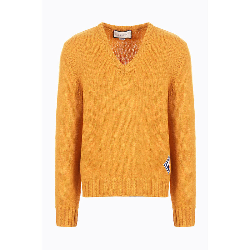 M NEW $980 GUCCI Men Mustard Yellow Wool Knit GAME GG LOGO PATCH V Neck SWEATER