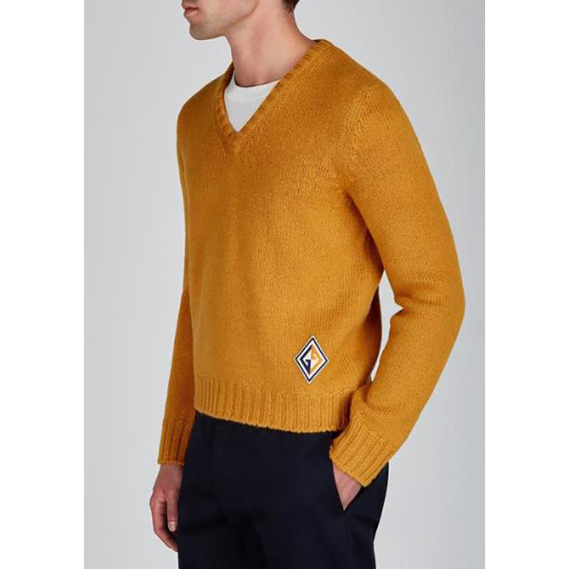 M NEW $980 GUCCI Men Mustard Yellow Wool Knit GAME GG LOGO PATCH V Neck SWEATER