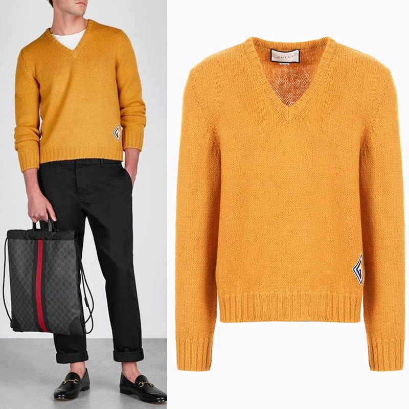 M NEW $980 GUCCI Men Mustard Yellow Wool Knit GAME GG LOGO PATCH V Neck SWEATER