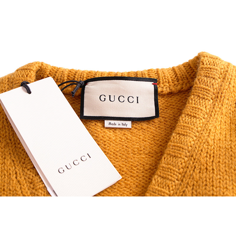 M NEW $980 GUCCI Men Mustard Yellow Wool Knit GAME GG LOGO PATCH V Neck SWEATER