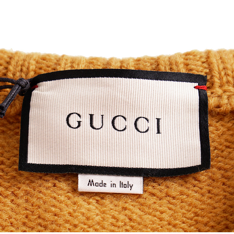 M NEW $980 GUCCI Men Mustard Yellow Wool Knit GAME GG LOGO PATCH V Neck SWEATER