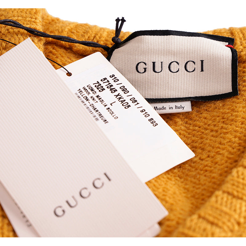 M NEW $980 GUCCI Men Mustard Yellow Wool Knit GAME GG LOGO PATCH V Neck SWEATER