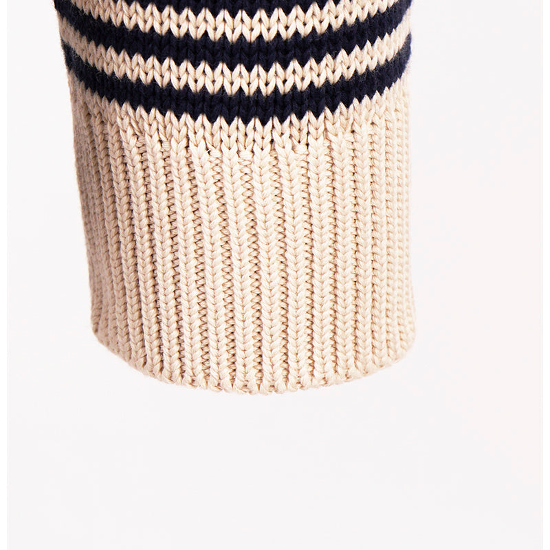 S NEW $1450 GUCCI Mens Beige Navy Stripe BEE SNAKE CAT LOGO V Neck KNIT SWEATER