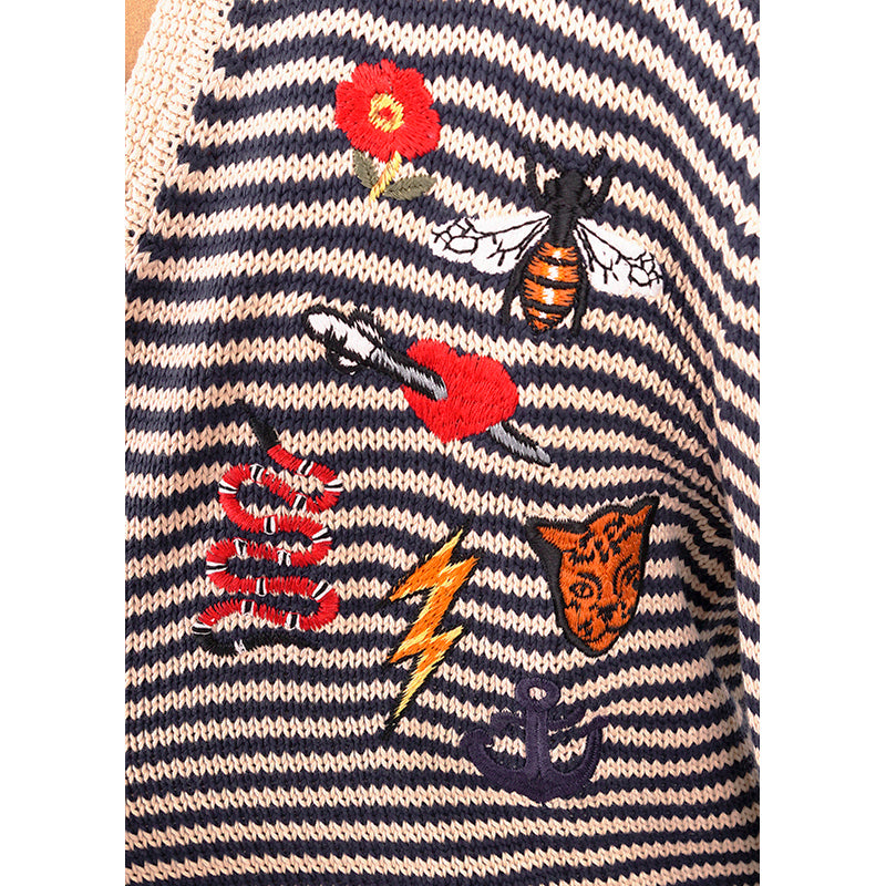 S NEW $1450 GUCCI Mens Beige Navy Stripe BEE SNAKE CAT LOGO V Neck KNIT SWEATER