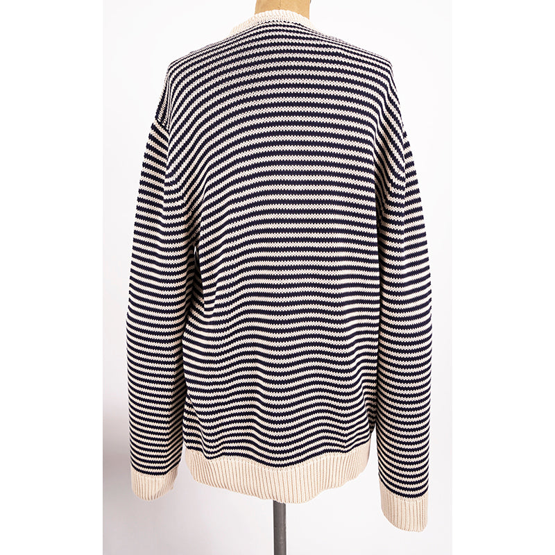 S NEW $1450 GUCCI Mens Beige Navy Stripe BEE SNAKE CAT LOGO V Neck KNIT SWEATER