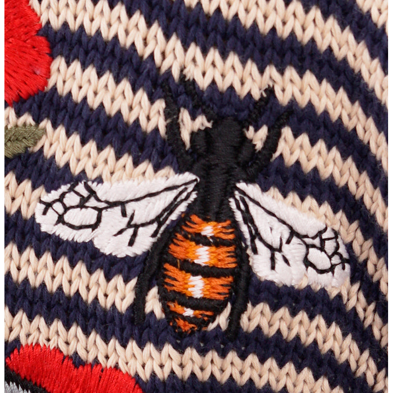 S NEW $1450 GUCCI Mens Beige Navy Stripe BEE SNAKE CAT LOGO V Neck KNIT SWEATER