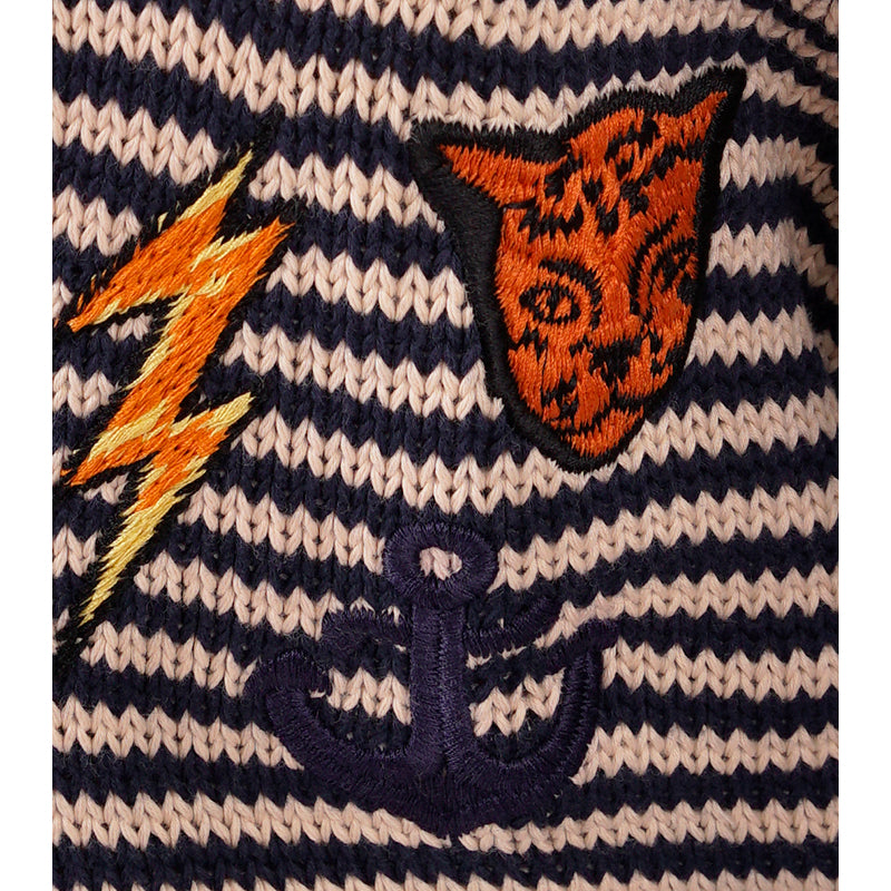 S NEW $1450 GUCCI Mens Beige Navy Stripe BEE SNAKE CAT LOGO V Neck KNIT SWEATER