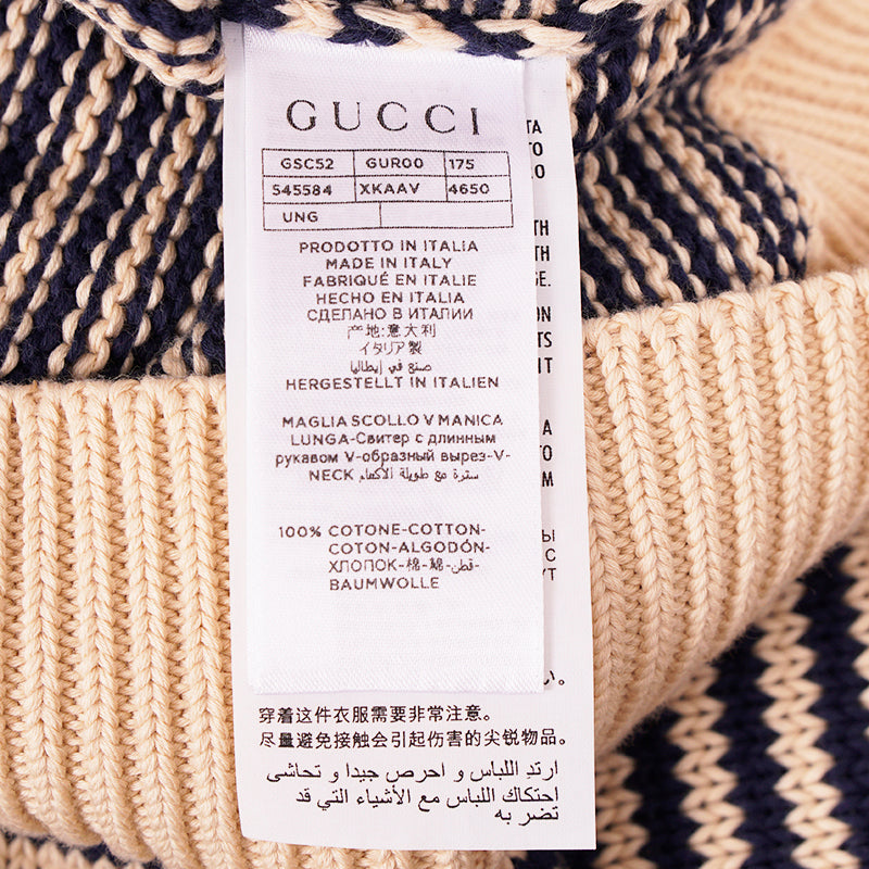 S NEW $1450 GUCCI Mens Beige Navy Stripe BEE SNAKE CAT LOGO V Neck KNIT SWEATER