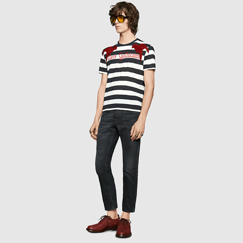 sz S NEW $995 GUCCI MENS Black & White Striped RED EMBROIDERY PARROT Tee T-SHIRT