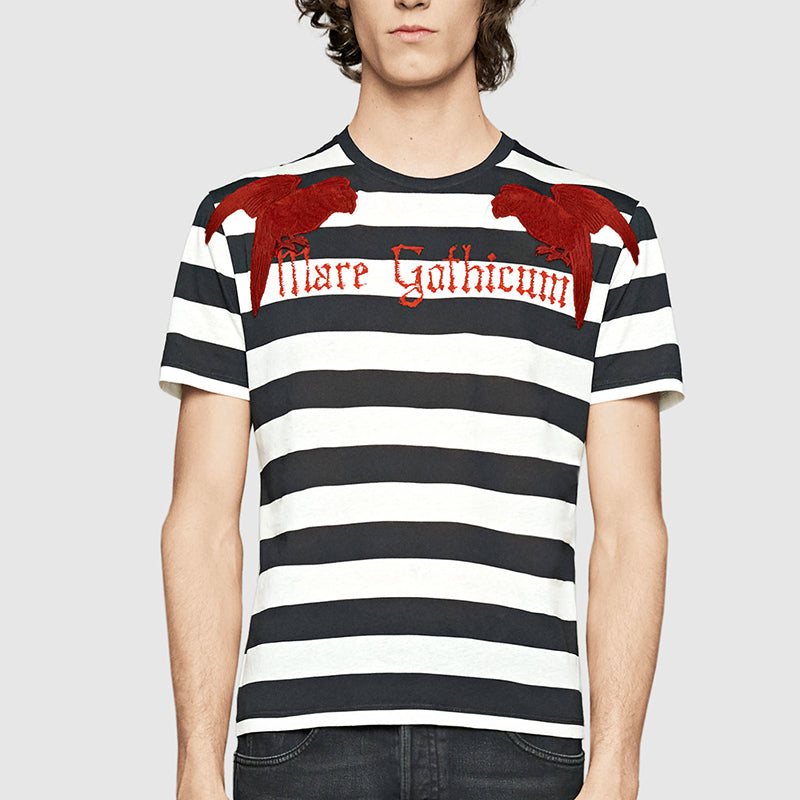 sz S NEW $995 GUCCI MENS Black & White Striped RED EMBROIDERY PARROT Tee T-SHIRT