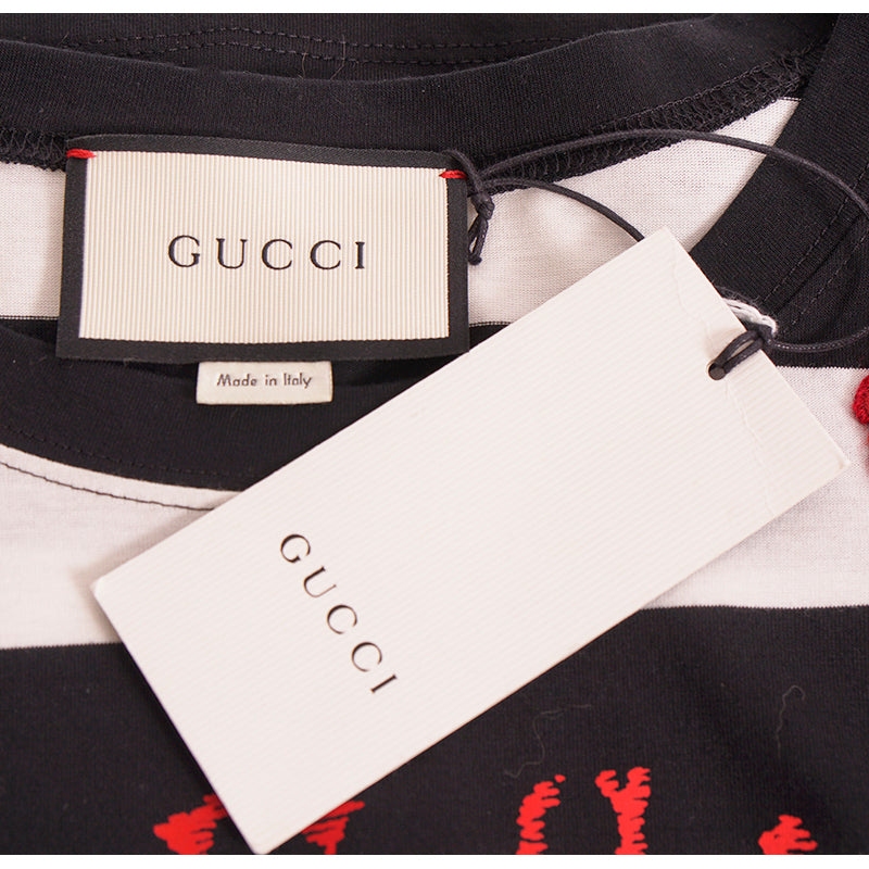 sz S NEW $995 GUCCI MENS Black & White Striped RED EMBROIDERY PARROT Tee T-SHIRT