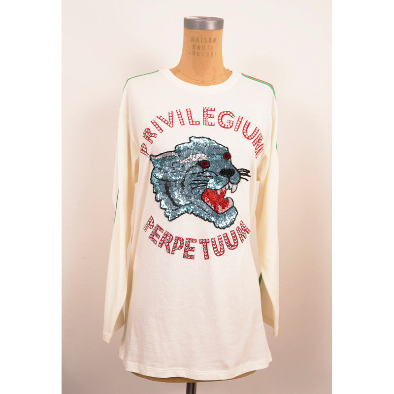 XXS NEW $1,500 GUCCI Ivory Cotton Sequin Cat Head Web Trim Oversize T-Shirt Top