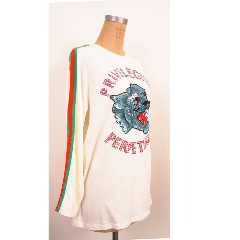 XXS NEW $1,500 GUCCI Ivory Cotton Sequin Cat Head Web Trim Oversize T-Shirt Top