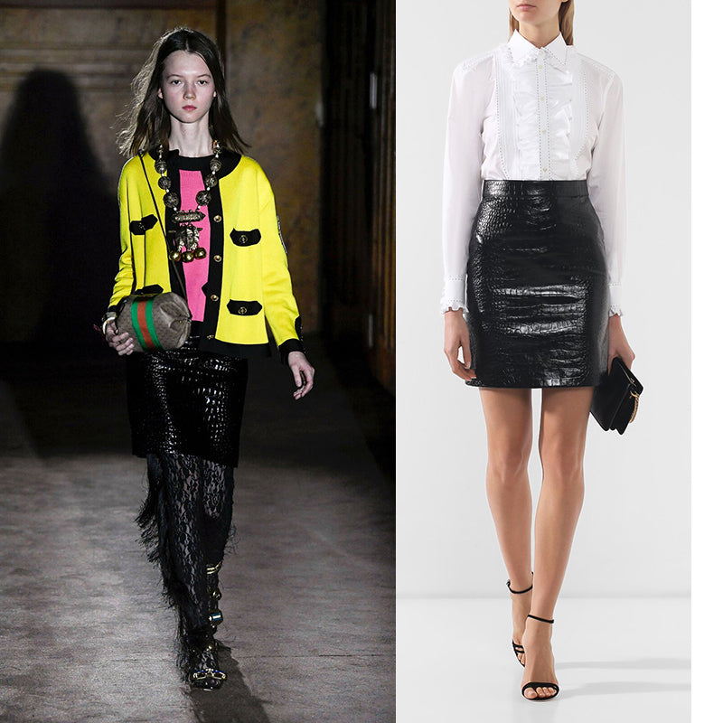 38 NEW $2,800 GUCCI Runway Black LEATHER Crocodile Embossed Short PENCIL SKIRT