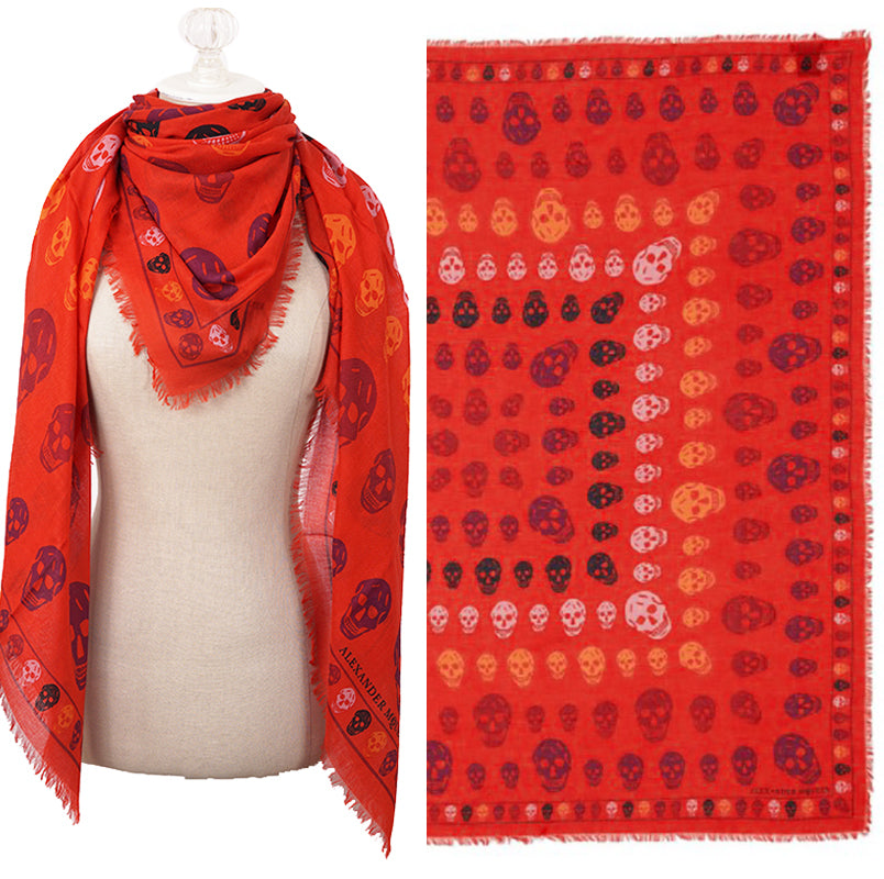 NEW $545 ALEXANDER MCQUEEN Red "Multiskull Box" SKULL Modal Silk Shawl SCARF