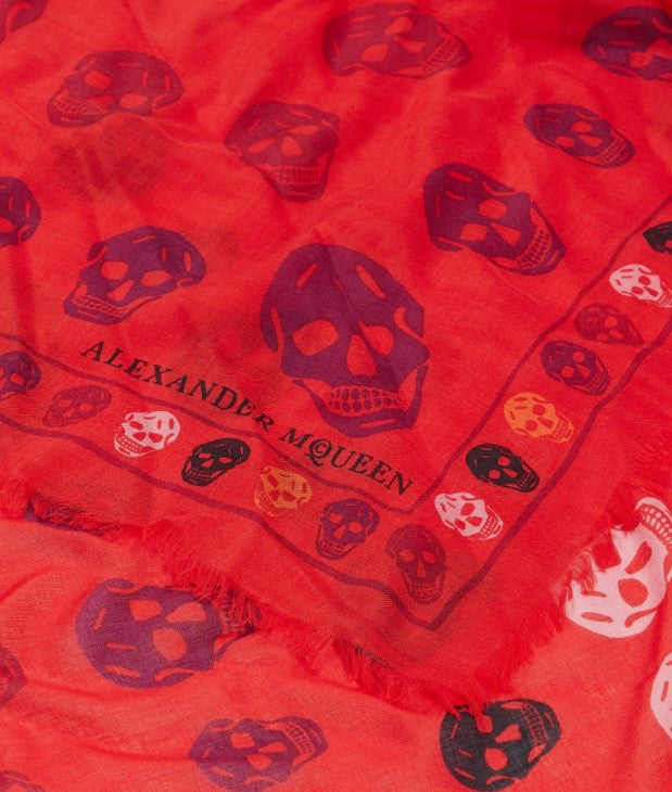 NEW $545 ALEXANDER MCQUEEN Red "Multiskull Box" SKULL Modal Silk Shawl SCARF
