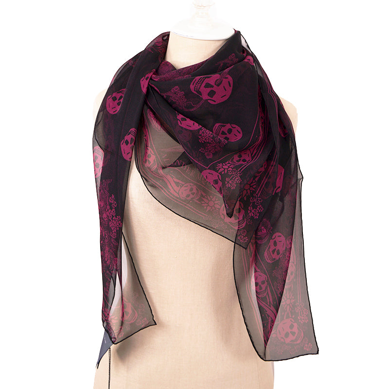 NEW $495 ALEXANDER MCQUEEN Black ART DECO OPHELIA SKULL Purple Print Silk SCARF