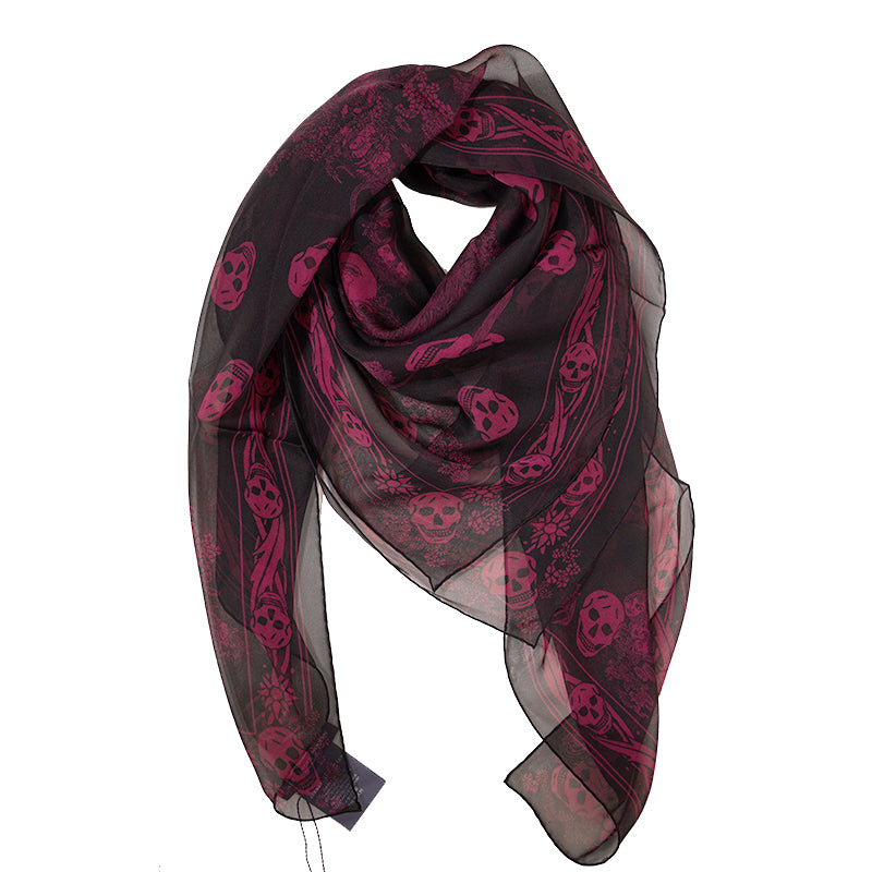 NEW $495 ALEXANDER MCQUEEN Black ART DECO OPHELIA SKULL Purple Print Silk SCARF