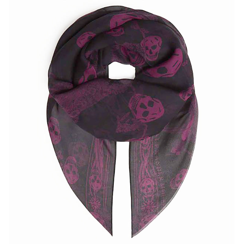 NEW $495 ALEXANDER MCQUEEN Black ART DECO OPHELIA SKULL Purple Print Silk SCARF