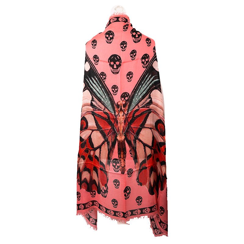 NEW $545 ALEXANDER MCQUEEN Pink GIANT BUTTERFLY Skull Print Modal Wool SCARF NWT