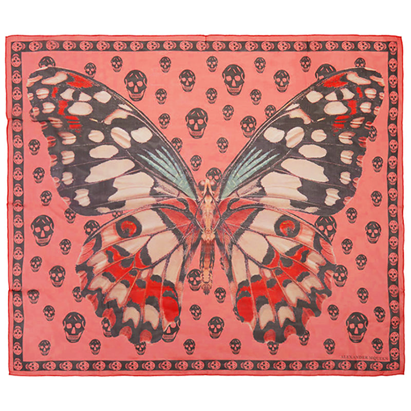 NEW $545 ALEXANDER MCQUEEN Pink GIANT BUTTERFLY Skull Print Modal Wool SCARF NWT