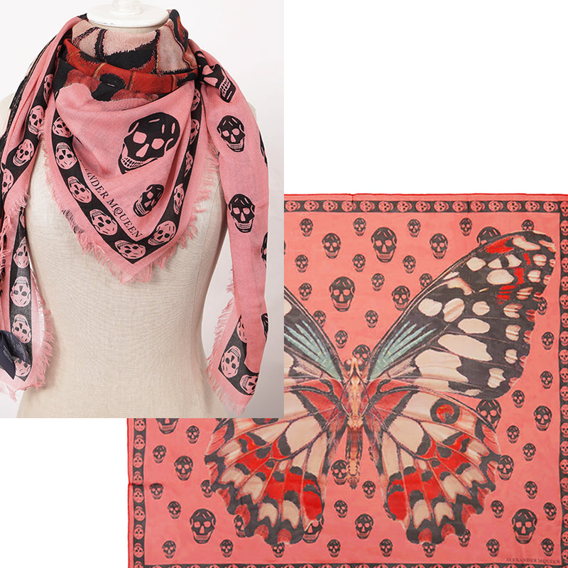 NEW $545 ALEXANDER MCQUEEN Pink GIANT BUTTERFLY Skull Print Modal Wool SCARF NWT