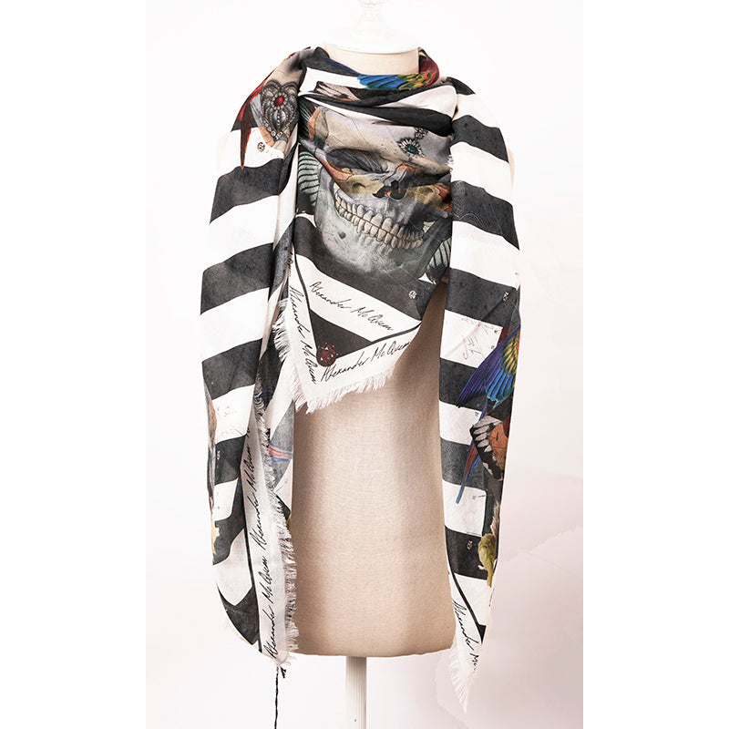 NEW $595 ALEXANDER MCQUEEN Botanical Master SKULL BIRDS Modal Wool Shawl SCARF