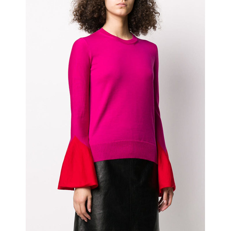 SZ S NEW $1,120 ALEXANDER MCQUEEN Pink RED FLARED SLEEVE Wool Crew Neck SWEATER