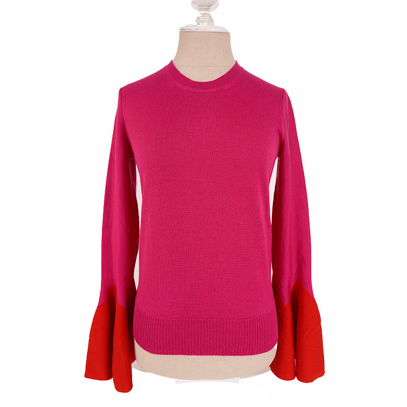 SZ S NEW $1,120 ALEXANDER MCQUEEN Pink RED FLARED SLEEVE Wool Crew Neck SWEATER